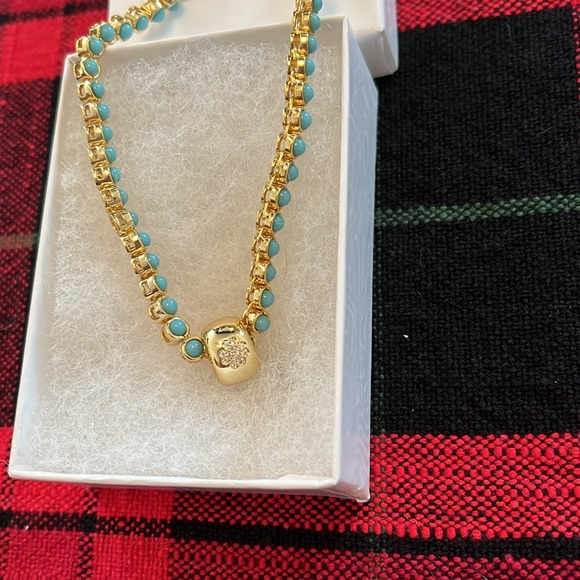 Daniela Swaebe “The Rondelle” Flower Charm Gold & Turquoise Tennis Necklace - Picture 2 of 6